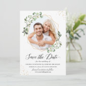 Eukalyptus-Blätter Geometrisches Foto Save the Dat Einladung (Stehend Vorderseite)