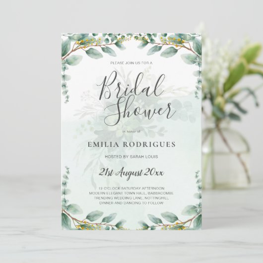 Eukalyptus Blätter GOLD BRAUTPARTY INVITE Einladung (Stehend Vorderseite)