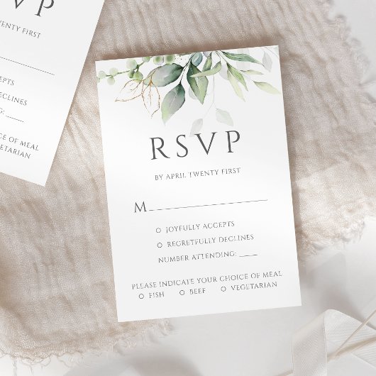 Eukalyptus-Blätter Gold-Mahl Optionen Hochzeit RSVP Karte