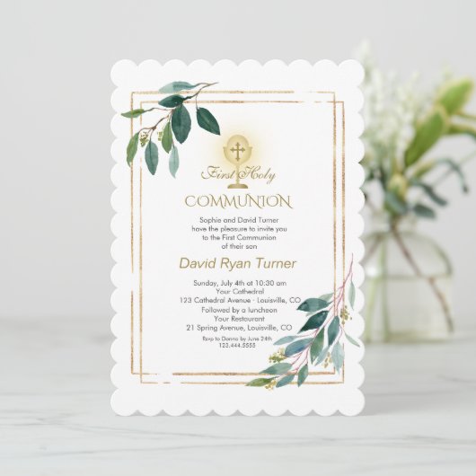 Eukalyptus-Blätter Goldkreuz Einladung (Stehend Vorderseite)