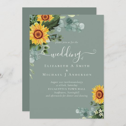 Eukalyptus-Blätter Hochzeiten: rustikale Sonnenblu Einladung (Vorne/Hinten)