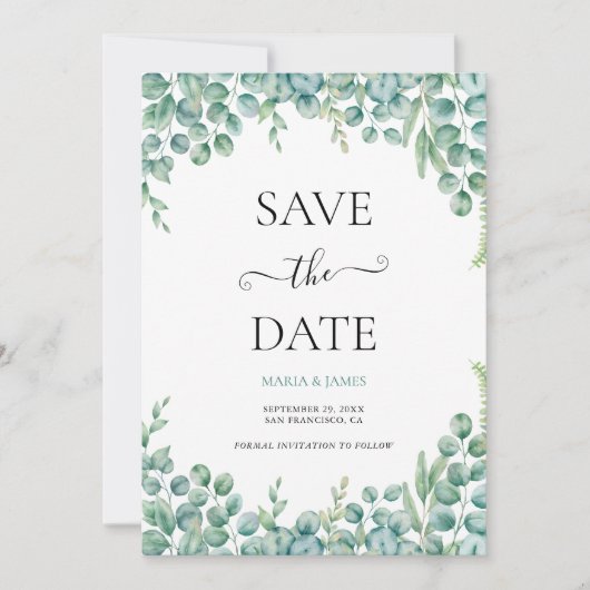 Eukalyptus-Blätter Hochzeiten Save The Date (Vorderseite)