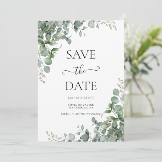 Eukalyptus-Blätter Hochzeiten Save The Date (Stehend Vorderseite)