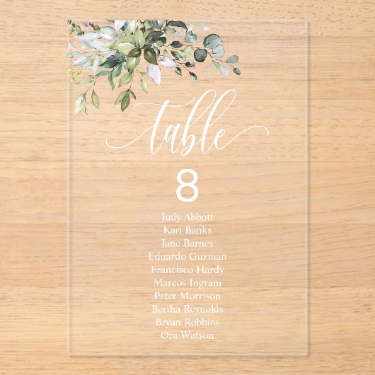 Eukalyptus-Blätter Hochzeitsstichtabelle Acryleinladungen (Vorderseite)