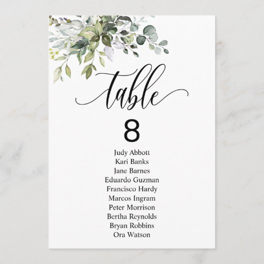 Eukalyptus-Blätter Hochzeitsstichtabelle Einladung (Rückseite)