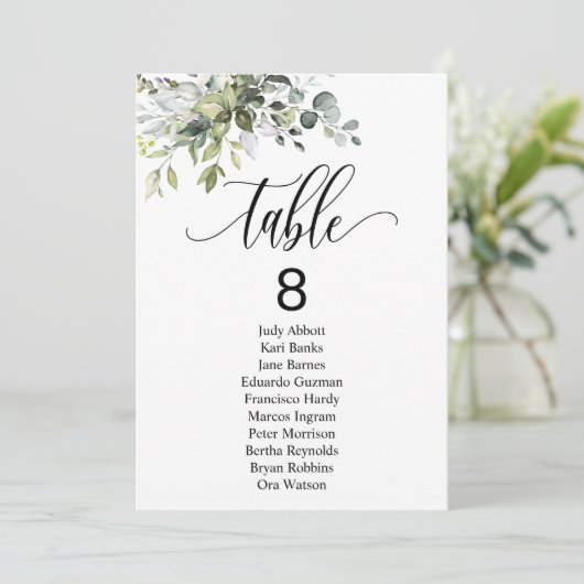 Eukalyptus-Blätter Hochzeitsstichtabelle Einladung (Stehend Vorderseite)