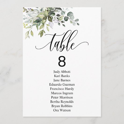 Eukalyptus-Blätter Hochzeitsstichtabelle Einladung (Vorderseite)