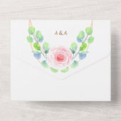 Eukalyptus-Blätter in Aquarellfarbe und rosa Blume All In One Einladung (Rückseite)