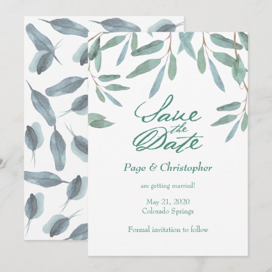 Eukalyptus-Blätter in grünen Blättern Save the Dat Date (Vorne/Hinten)