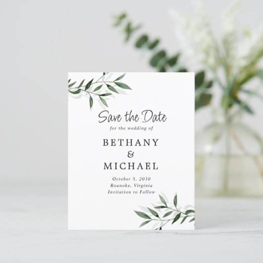 Eukalyptus-Blätter mit Hochzeitsstichtag speichern (Stehend Vorderseite)