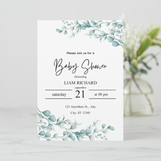 Eukalyptus-Blätter, neutrale Farbtöne, Babydusche Einladung (Stehend Vorderseite)