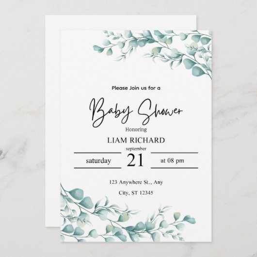 Eukalyptus-Blätter, neutrale Farbtöne, Babydusche Einladung (Vorne/Hinten)