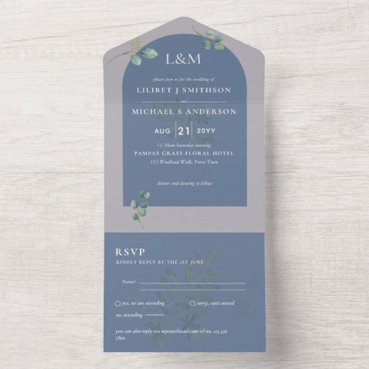 Eukalyptus-Blätter-Overlay-Arch-Hochzeit All In One Einladung (Innen Boden)