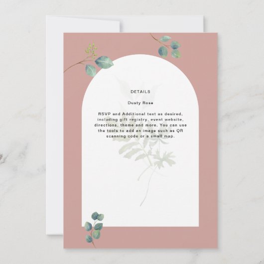 Eukalyptus-Blätter-Overlay-Arch-Hochzeit Einladung (Rückseite)