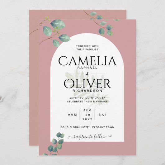 Eukalyptus-Blätter-Overlay-Arch-Hochzeit Einladung (Vorne/Hinten)