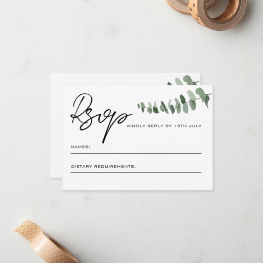 Eukalyptus Blätter QR Code Wedding RSVP Mitteilungskarte (Vorderseite/Rückseite Beispiel)