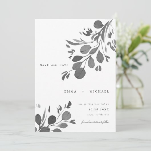 Eukalyptus-Blätter Save the Date für Aquarellfarbe Einladung (Stehend Vorderseite)