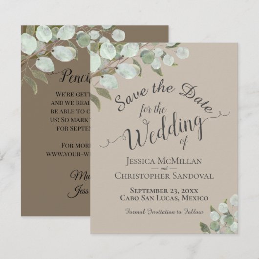 Eukalyptus-Blätter Tan Wedding Save The Date (Vorne/Hinten)