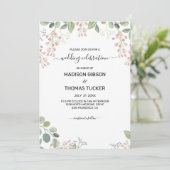 Eukalyptus-Blätter und rosa Blume Hochzeiten Einladung (Stehend Vorderseite)