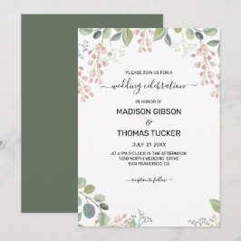 Eukalyptus-Blätter und rosa Blume Hochzeiten Einladung