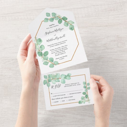 Eukalyptus-Blätter Wasserfarbenhochzeit All In One Einladung (Abreißen)