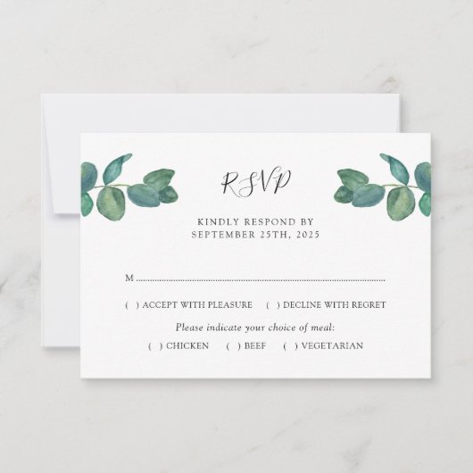 Eukalyptus Blätter Watercolor Wedding RSVP Karte (Vorderseite)