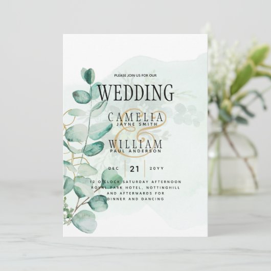 Eukalyptus Blätter Wedding Greenery QR CODE Modern Einladung (Stehend Vorderseite)