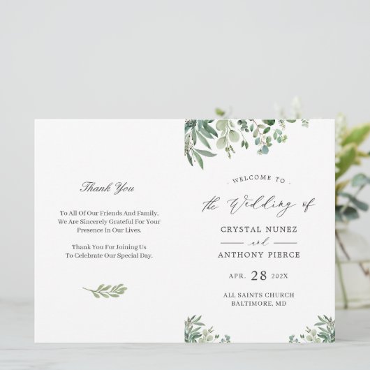 Eukalyptus-Blätter zum Hochzeitsprogramm herunterl Einladung (Stehend Vorderseite)