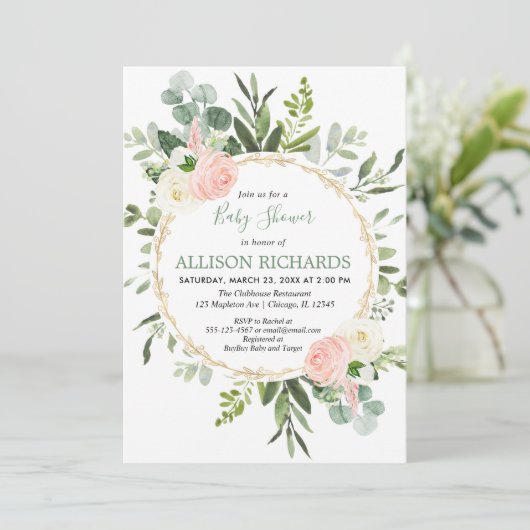 Eukalyptus blättrige Rosa Mädchen-Dusche Einladung (Stehend Vorderseite)