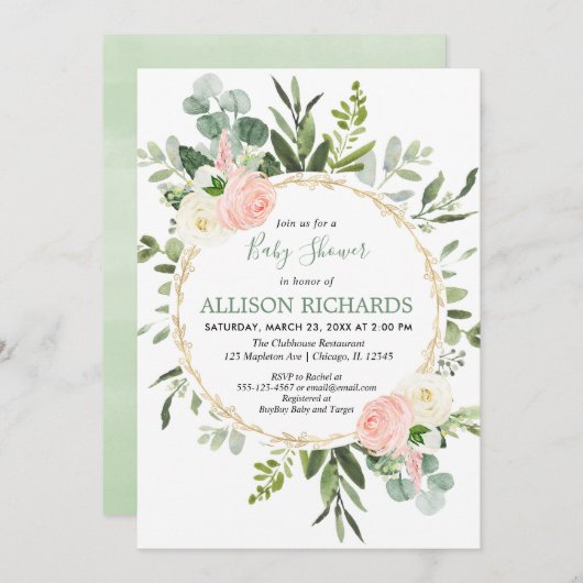 Eukalyptus blättrige Rosa Mädchen-Dusche Einladung (Vorne/Hinten)