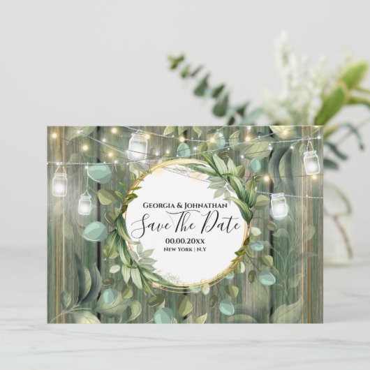 Eukalyptus blättriges Lichtereich Save The Date (Stehend Vorderseite)