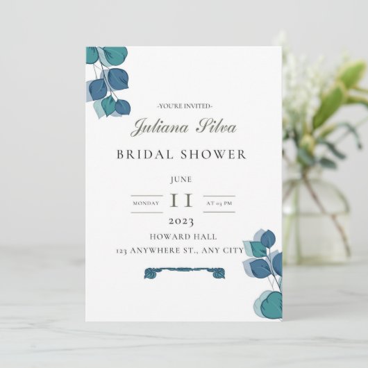 Eukalyptus-blaue Blätter elegant rustikal Einladung (Stehend Vorderseite)