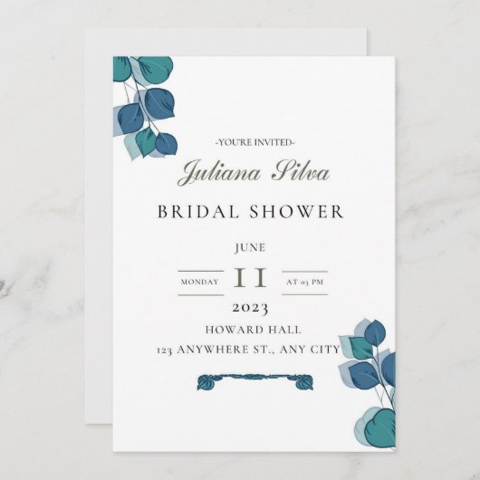 Eukalyptus-blaue Blätter elegant rustikal Einladung (Vorne/Hinten)