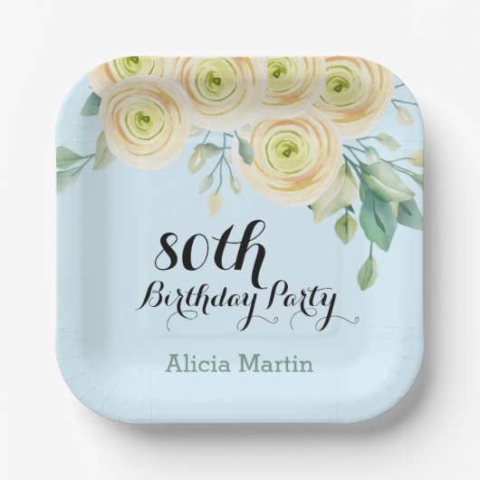 Eukalyptus Blue 80. Geburtstag Pappteller (Vorderseite)