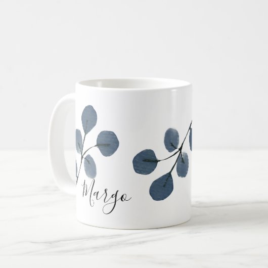 Eukalyptus Blue Botanical Hand bemalt Wasserfarbe Kaffeetasse (Vorderseite Links)