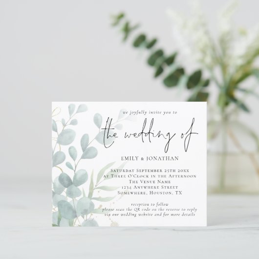 Eukalyptus Blue QR Code Einladung zur Hochzeit (Stehend Vorderseite)