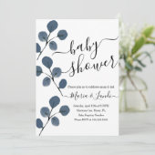 Eukalyptus Blue Script Baby Dusche Einladung (Stehend Vorderseite)