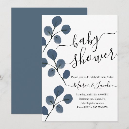 Eukalyptus Blue Script Baby Dusche Einladung (Vorne/Hinten)