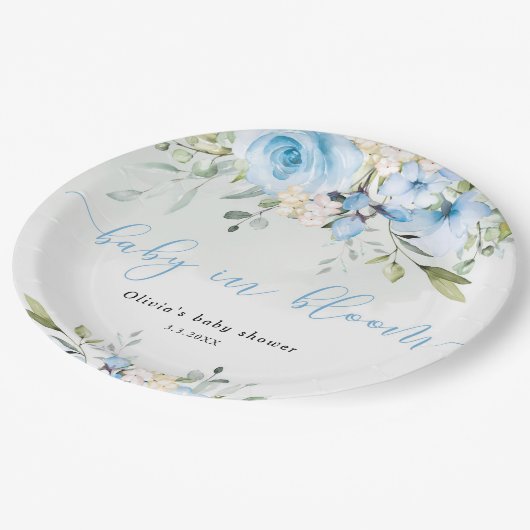 Eukalyptus blühendes Baby in Blütendusche Pappteller (Schrägansicht)