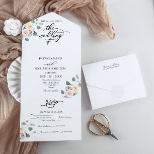 Eukalyptus-Blumen-Kalligrafie-Hochzeit All In One Einladung