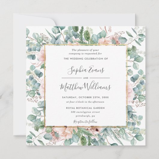 Eukalyptus blush Dusty Pink Floral Wedding Einladung (Vorderseite)