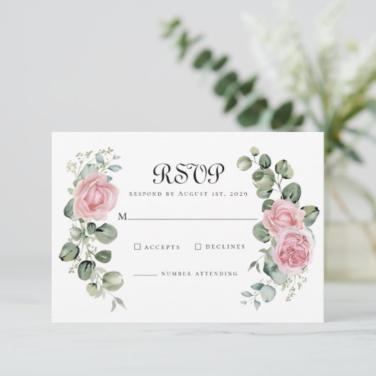 Eukalyptus Blush Rosa Rose Arch Wedding RSVP Karte (Stehend Vorderseite)