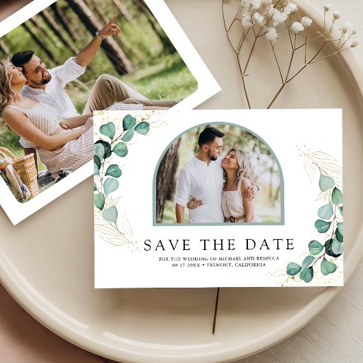 Eukalyptus-Bogen-Foto-Hochzeit Save The Date