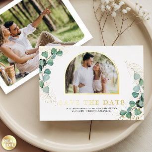 Eukalyptus-Bogen-Foto-Hochzeit Termin Gold Folieneinladung
