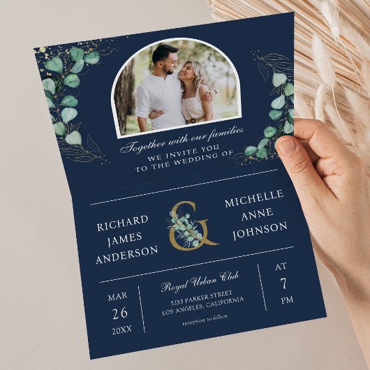 Eukalyptus Bogen Foto Navy Blau QR Code Hochzeit Einladung