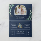 Eukalyptus Bogen Foto Navy Blau QR Code Hochzeit Einladung (Innenseite)
