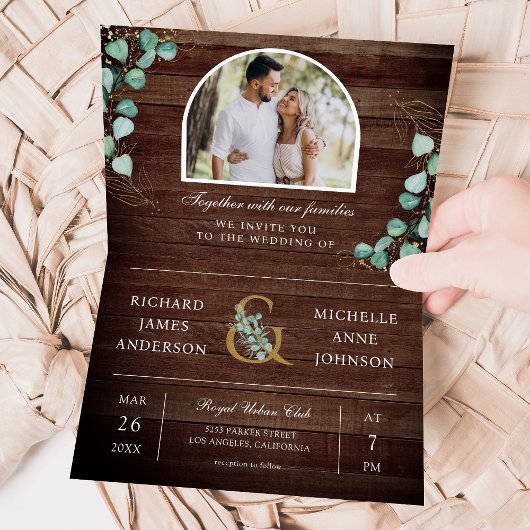 Eukalyptus-Bogen-Foto-Rustikal-Hochzeit mit QR-Cod Einladung