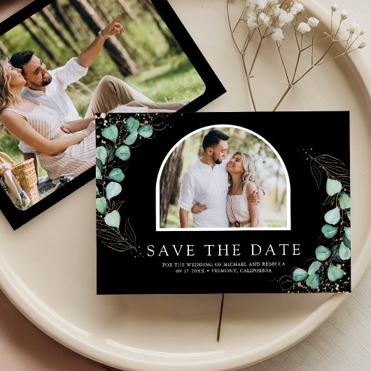 Eukalyptus-Bogen-Foto-Schwarze Hochzeit Save The Date