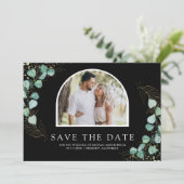 Eukalyptus-Bogen-Foto-Schwarze Hochzeit Save The Date (Stehend Vorderseite)