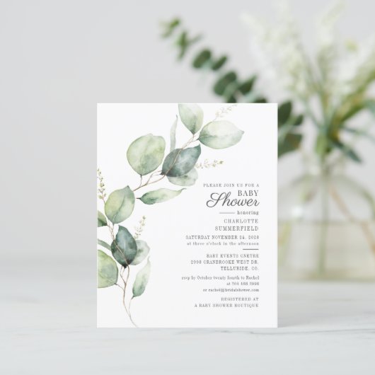 Eukalyptus Botanical Baby Shower Einladung (Stehend Vorderseite)